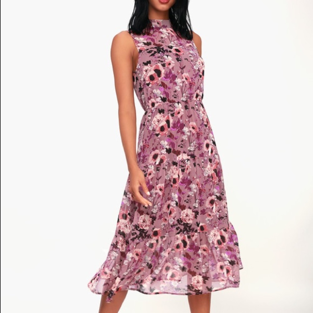 LULUS IN MY DREAMS MAUVE FLORAL PRINT MIDI DRESS
